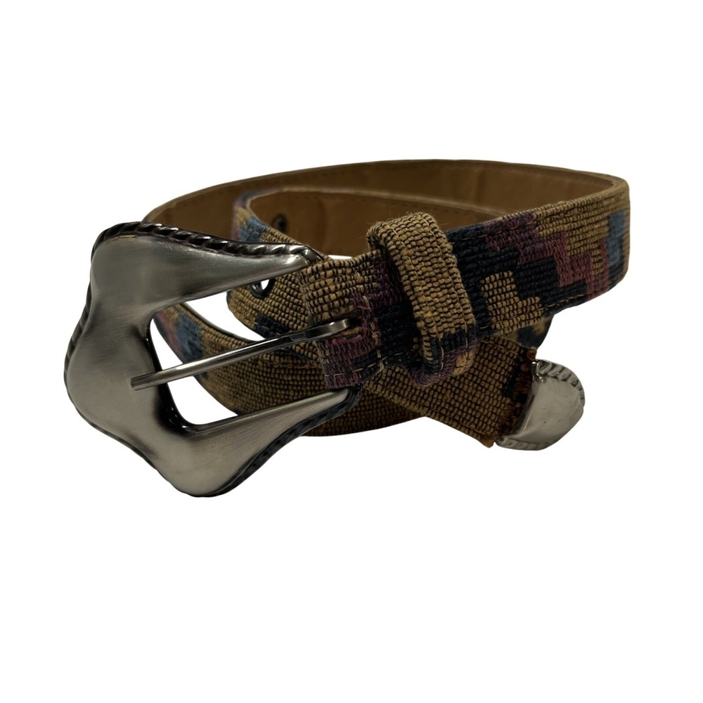 Vintage Express Belt Brown Woven Southwestern Stitched Gunmetal Buckle Tip Large